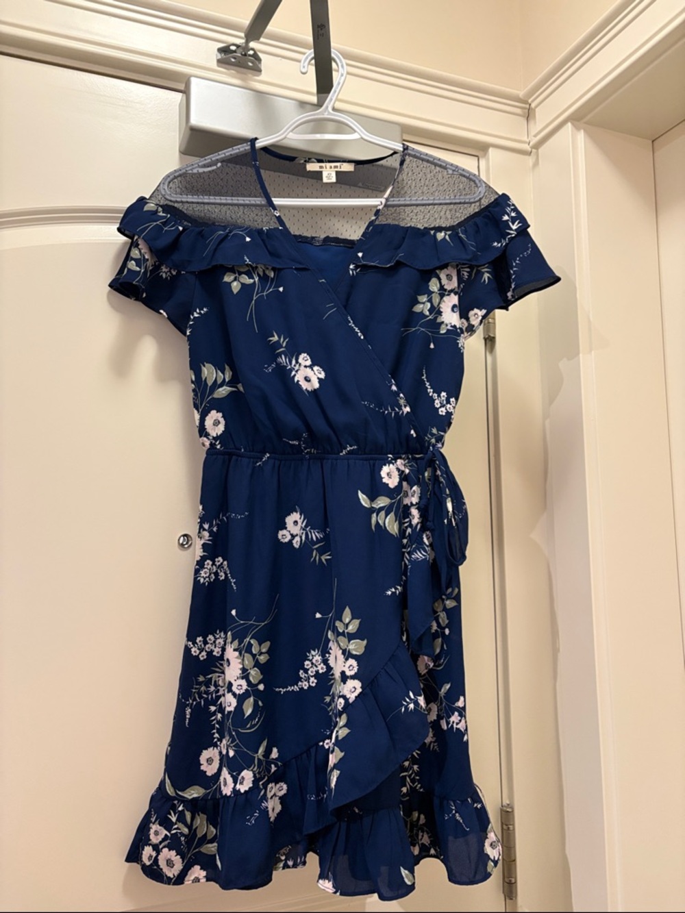 Navy Floral Wrap Dress with mesh detailing